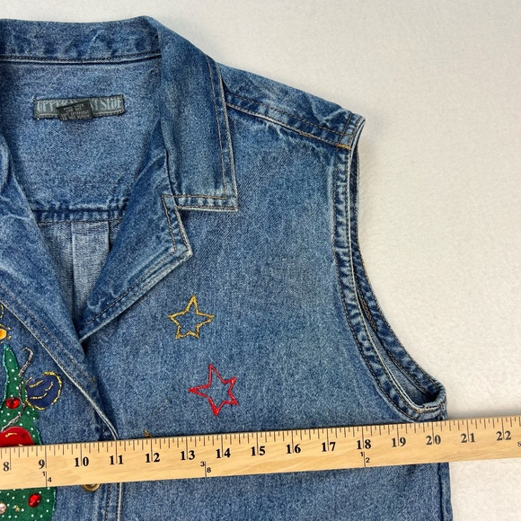VINTAGE Denim Vest Christmas Women LARGE Upper West Side Holiday Cottagecore Art - Picture 9 of 10